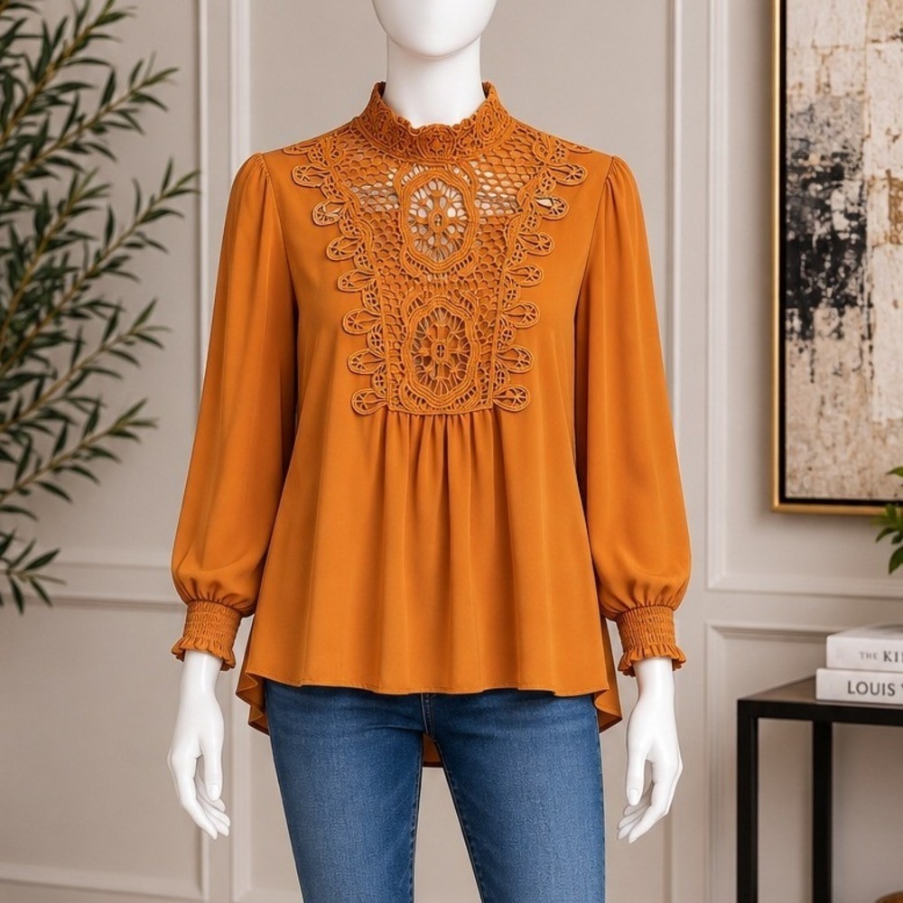 Xhilaration Womens Blouse Mustard Yellow Crochet Lace Bib Boho High Neck Large